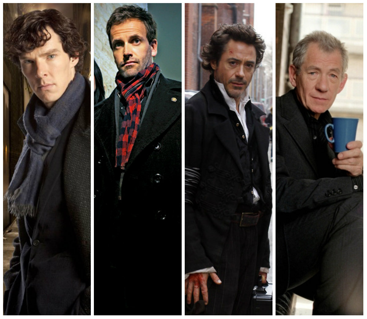 Tutti i recenti Sherlock Holmes. Da sinistra: benedict cumberbatch (Sherlock - BBC), Jonny Lee Miller (Elementary - CBS), Robert Downey Jr (Sherlock Holmes - Guy Ritchie), Ian McKellen (Mr Holmes)