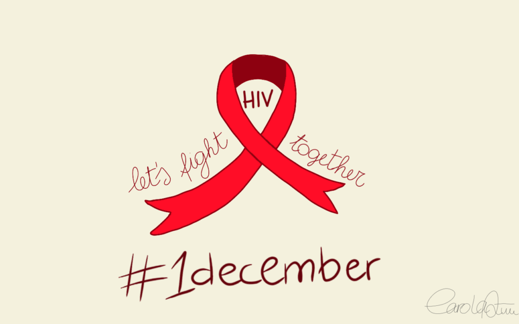 Manifesto per la giornata mondiale di sensibilizzazione contro HIV e AIDS. Un fiocco rosso abbinato alla frase "Combattiamo insieme l'HIV"